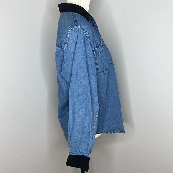 Vintage 90s Country Store Faux Suede Trim Button Up Collard Chessy Cotton Blouse - Picture 6 of 12